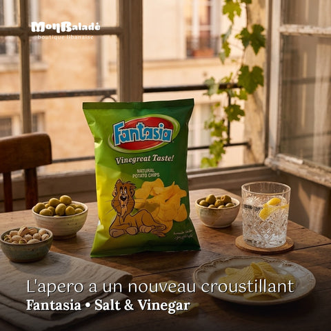 Apéro libanais : chips Fantasia Salt & Vinegar, olives et pistaches sur une table