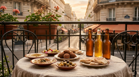 Bières libanaises fraîches servies avec un mezze sur une table parisienne — Mon Baladé, épicerie libanaise Paris 11e