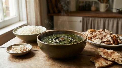 Molokhia libanaise servie avec riz, poulet effiloché et oignon au vinaigre — Mon Baladé, épicerie libanaise Paris 11e