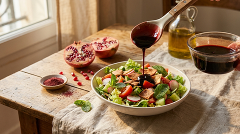 Mélasse de grenade libanaise versée à la cuillère sur une salade libanaise, grenade fraîche et huile d'olive sur une table en bois