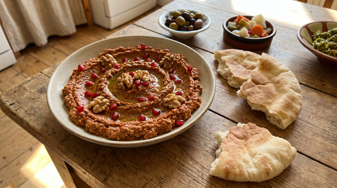 Muhammara libanais, crème rustique de poivrons rouges grillés et de noix, nappée d'huile d'olive et parsemée de cerneaux de noix