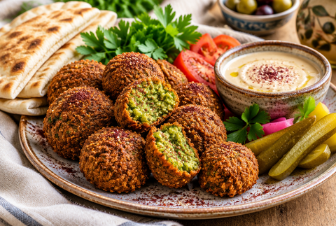 Falafel libanais dorés et croustillants servis avec sauce tahini, légumes frais et pain pita