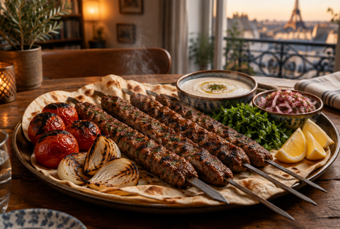 Brochettes de kafta libanaise grillées avec pain, tomates grillées, persil et sauce tahini