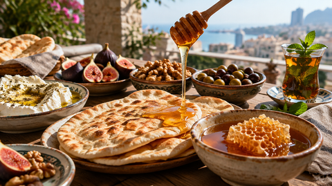 Petit-déjeuner libanais avec miel doré, pain chaud, fromage frais, figues et noix