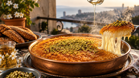 Knéfé jebné libanais doré dans un plateau en cuivre, pistaches concassées et sirop à la fleur d'oranger