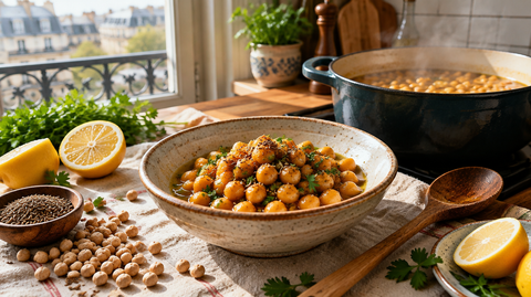 Bol de pois chiches cuits à l'huile d'olive et au cumin dans une cuisine parisienne