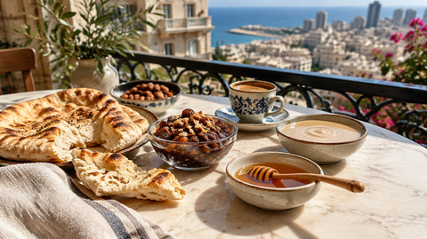 Table de petit-déjeuner libanais avec pain, confiture de dattes et amandes, miel et tahini