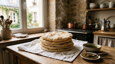 Pain libanais réchauffé, huile d'olive et zaatar sur un torchon blanc