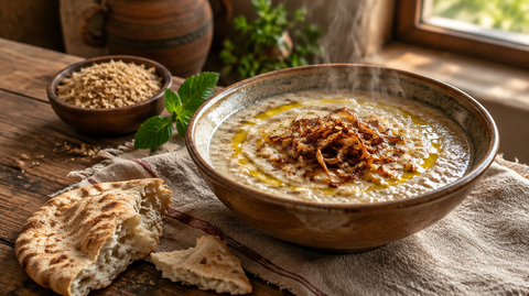 Bol de soupe de kechek libanais fumante avec pain et huile d'olive