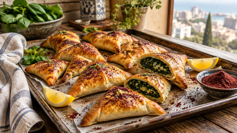 Fatayer libanais aux épinards et au sumac dorés sur une plaque de cuisson