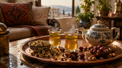 Plateau en cuivre avec des verres de zhourat, infusion libanaise de camomille, boutons de rose et anis étoilé