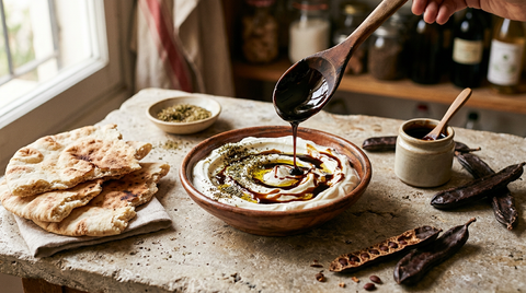 Mélasse de caroube libanaise versée sur du labneh crémeux avec pain pita — Mon Baladé, épicerie libanaise à Paris